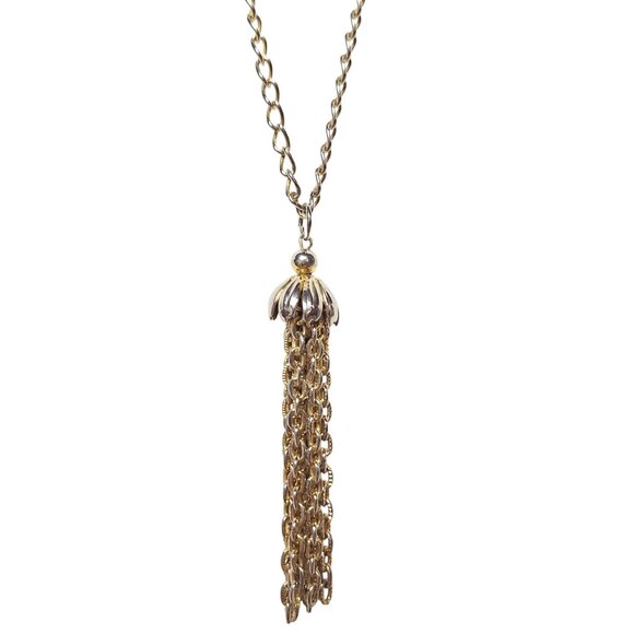 Vtg Long Tassel Necklace Gold Silver Tone Mixed Metal Chain Drop Flapper Style - Picture 1 of 4